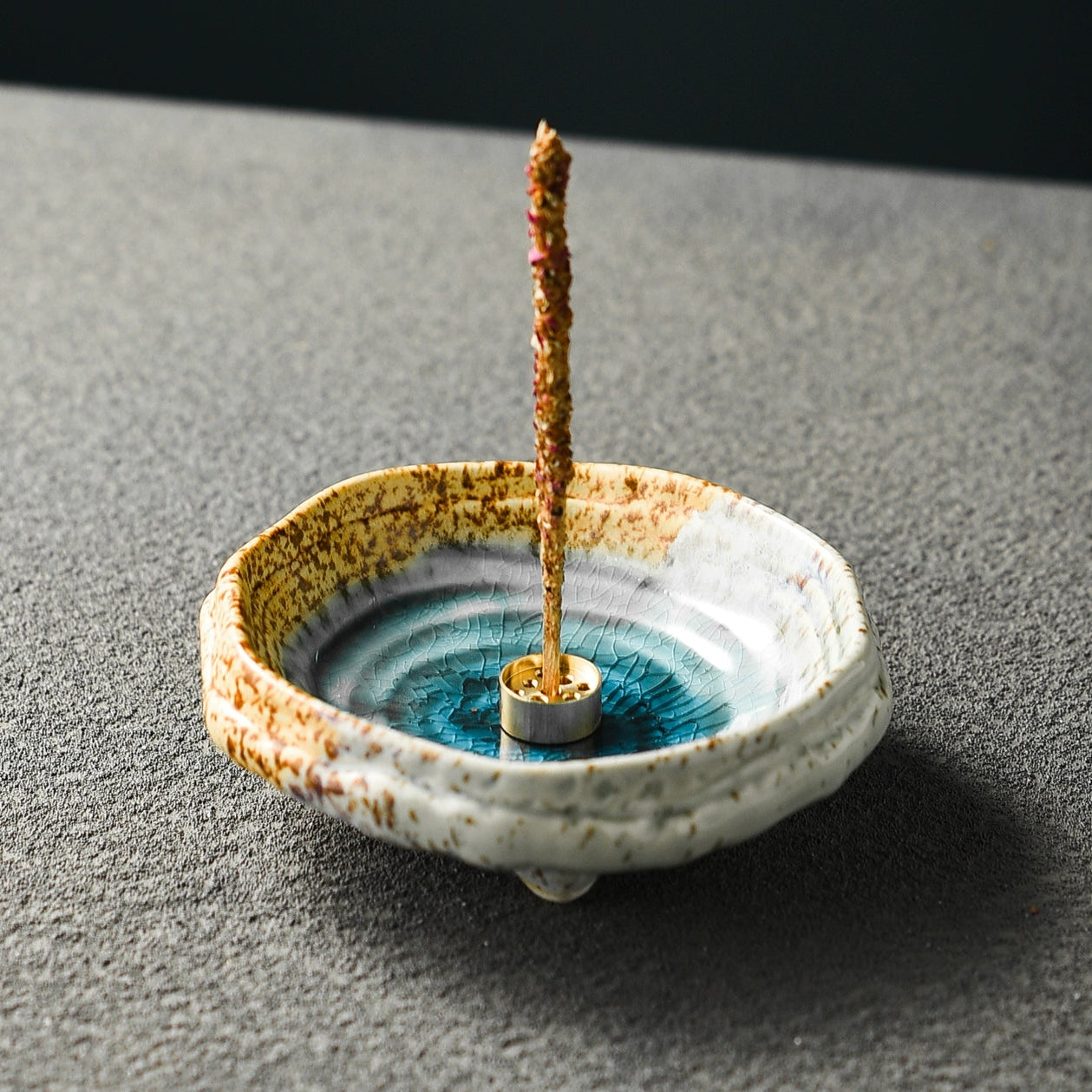 Vintage Glazed Blue Incense Tray + Copper 9-Hole Incense Holder - Momo's Life Crackled Ceramic Incense Holder