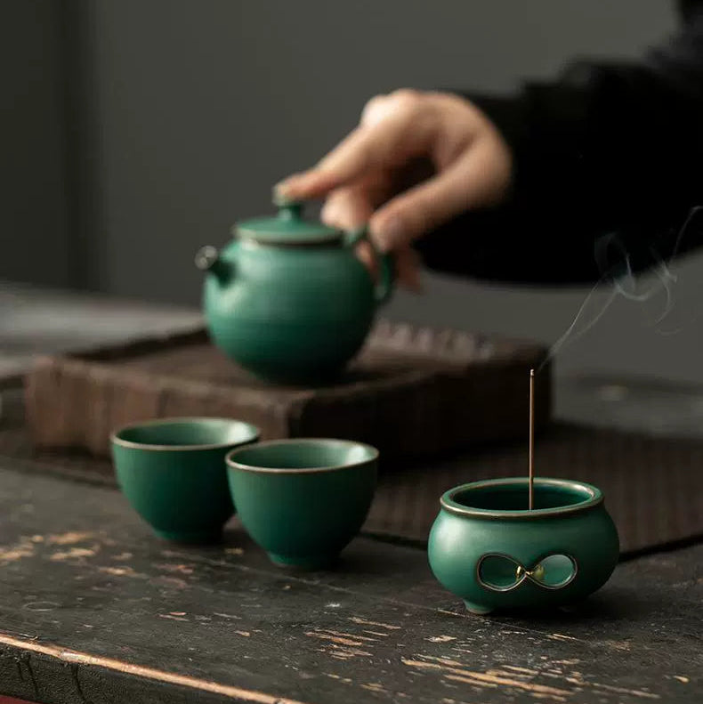 Dark Green - Ruyi - Incense Burner (Includes Gourd Pendant) - Muso Artisan Incense Holder for Serenity