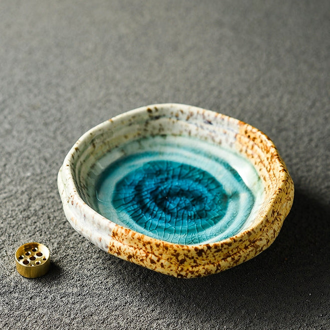 Vintage Glazed Blue Incense Tray + Copper 9-Hole Incense Holder - Momo's Life Crackled Ceramic Incense Holder