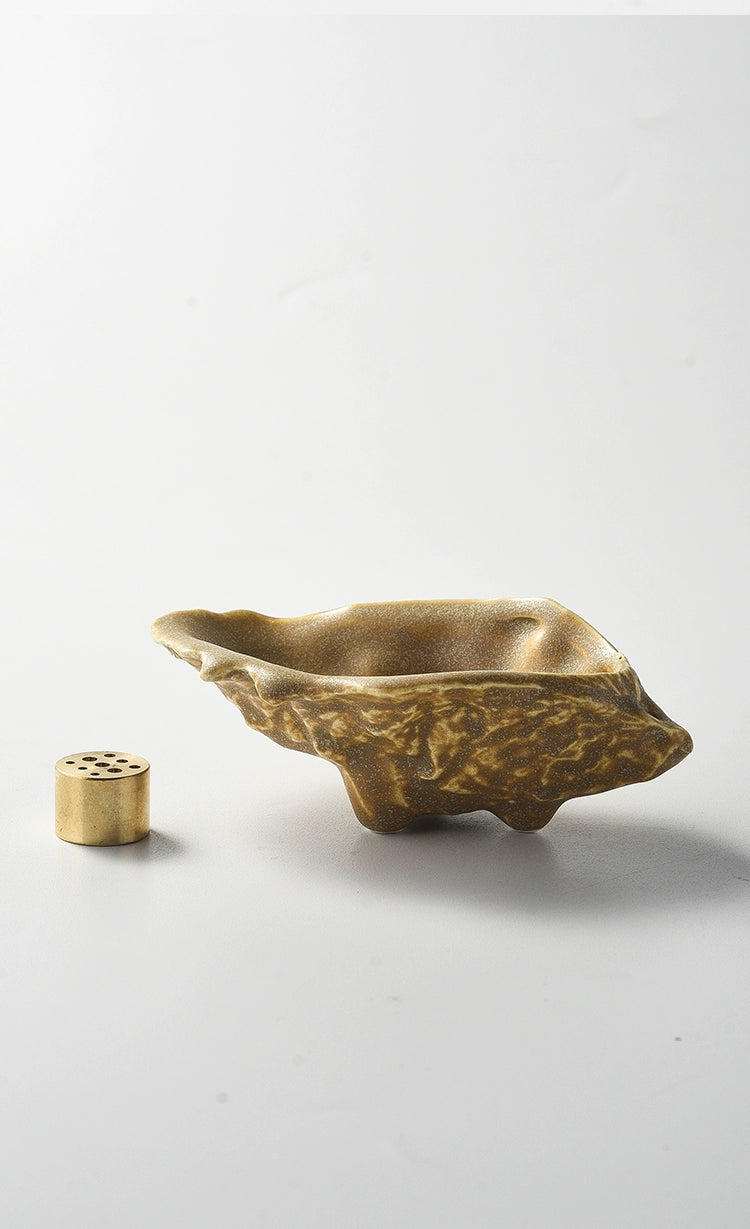 Ceramic Coffee Brown Oyster Shell + Copper 9-Hole Incense Holder - Momo's Life Artisan Ceramic Incense Holder