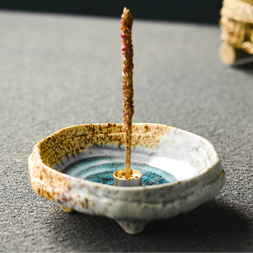 Vintage Glazed Brown Aroma Holder + Copper 9-Hole Incense Holder - Momo's Life Crackled Ceramic Incense Holder